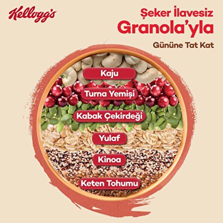 KELLOGG'S ŞEKER İLAVESİZ GRANOLA TURNA YEMİŞİ, KABAK ÇEKİRDEĞİ VE KAJULU  250 GR  x3 ADET ,%42 YULAF İÇERİR, LİF KAYNAĞI