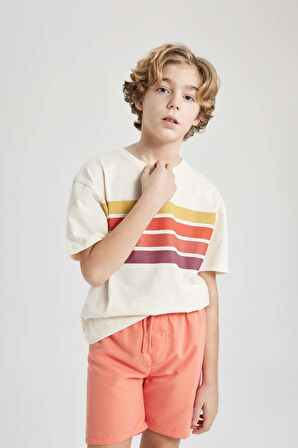 DeFacto Erkek Çocuk Oversize Fit Bisiklet Yaka Çizgili Kısa Kollu Tişört B6410A824SMBG759