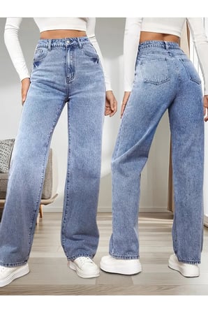 Alice Kadın 90's Kar Yıkama Mavi Likralı Süper Yüksek Bel Salaş Jeans Palazzo Kot Pantolon