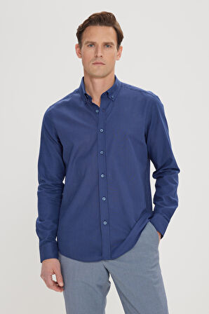 Erkek Lacivert Tailored Slim Fit Oxford Düğmeli Yaka Keten Görünümlü %100 Pamuk Flamlı Gömlek