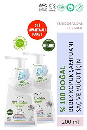 INCIA %100 Doğal Organik Sertifikalı Bebek Köpük Şampuanı Saç Vücut Lavanta Konak Önleyici Yenidoğan 200 ml X2 Adet