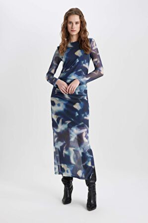 DeFacto Bodycon Yuvarlak Yaka Batik Tül Midi Uzun Kollu Abiye Elbise C5082AX24SPBE181