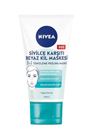 Nivea 3in1 Sivilce Karşıtı Beyaz Kil Maskesi 150ml, Temizleyici, Peeling, Maske, Gözenek Arındırıcı