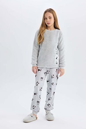 DeFacto Kız Çocuk Pelüş Pijama Takımı Bisiklet Yaka Baskılı Uzun Kollu Üst Beli Lastikli Uzun Alt B1487A824AUGR91