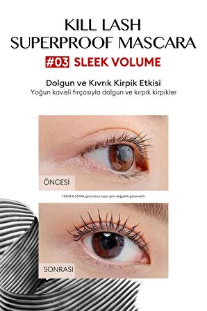 Dolgun ve Kıvrık Kirpik Etkisi Veren Maskara Clio Kill Lash Superproof Mascara (03 Sleek Volume)