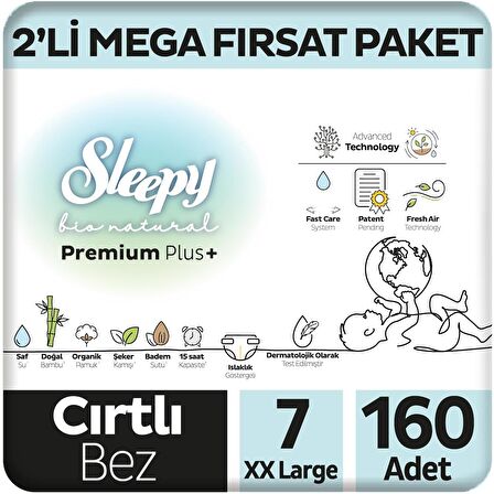 Sleepy Bio Natural Premium Plus 2'li Mega Fırsat Paketi Bebek Bezi 7 Numara Xxlarge 160 Adet