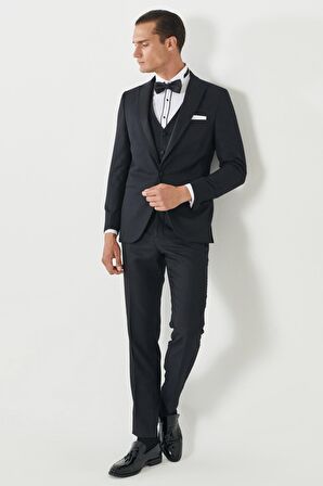 Erkek Lacivert Slim Fit Dar Kesim Kırlangıç Yaka Desenli Yelekli Smokin Takım