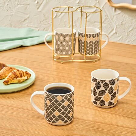 Karaca Nero 4'lü Standlı Porselen Kupa/Mug Seti