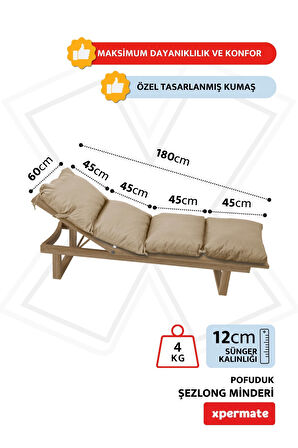 XPERMATE Pofuduk Şezlong Minderi 60x180x12Cm Su İtici,Katlanır,UV Güneş Dayanımı, Fermuar, Bej