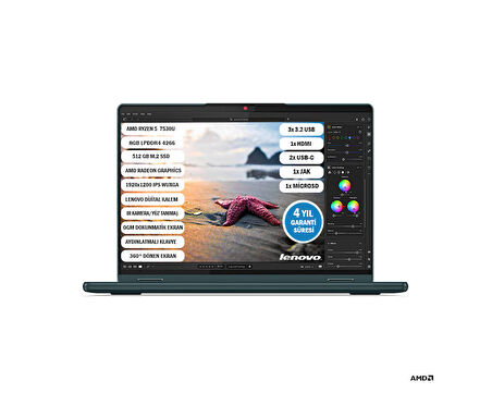 Lenovo Yoga6 AMD R5-7530U 8G 512G 13.3" DOKUNMATİK 13ABR8 Touch Kalem Hediyeli (Model:83B2009NTX)