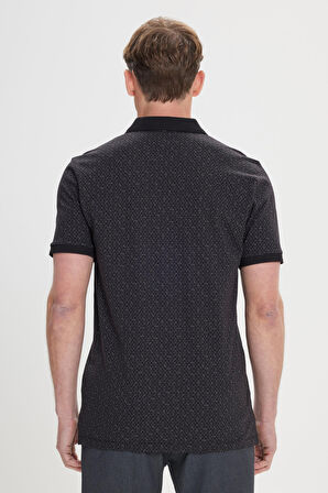 Erkek Siyah Slim Fit Dar Kesim Fermuarlı Yaka %100 Pamuk Baskılı Tişört