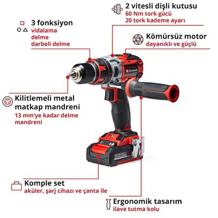 Einhell TE-CD 18 Li-i BL (2x2,0Ah), Akülü Darbeli Vidalama 