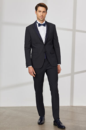 Erkek Lacivert Slim Fit Dar Kesim Çıkma Şal Yaka Yünlü Smokin Takım
