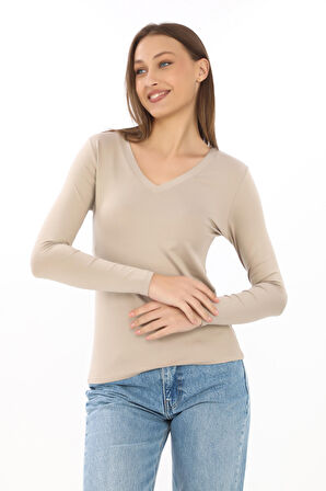 Yumuşak, Rahat ve Şık Viskon V Yaka Tişört-Bej