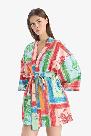 DeFacto Regular Fit Desenli Kuşaklı Pamuklu Kimono-Fall in Love D0453AX25SPPN206