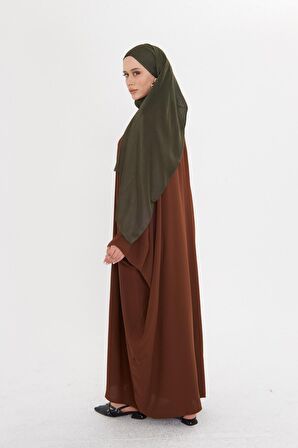 Açık Kahve Yarasa Kol Oversize Medine İpeği Arkası Düğmeli Düz Elbise 4001_47