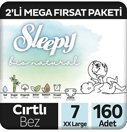 Sleepy Bio Natural Premium Plus 2'li Mega Fırsat Paketi Bebek Bezi 7 Numara Xxlarge 160 Adet