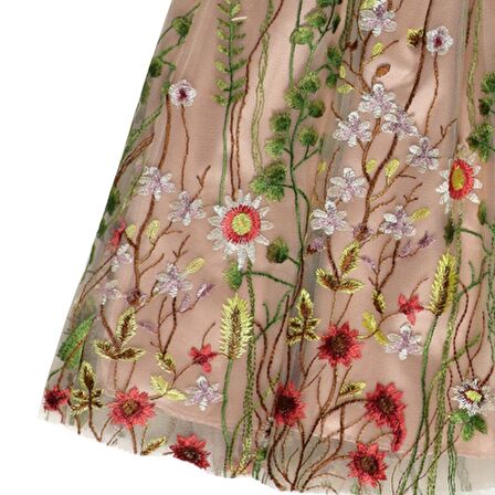 Panço Kız Çocuk Nakışlı Kumaş Detaylı Parti Elbisesi Pudra