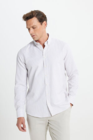 Pamuklu Slim Fit Dar Kesim Düğmeli Yaka Çizgili Gömlek