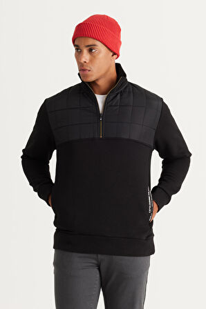 Erkek Siyah Standart Fit Normal Kesim Içi Polarlı 3 Iplik Bato Yaka Desenli Pamuklu Sweatshirt