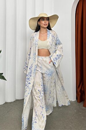 Kadın Desenli Keten Ikili Kimono Takım