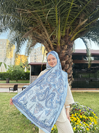 Kamer Scarf Timeless Wieve Serisi Etnik Desen Şal Mavi