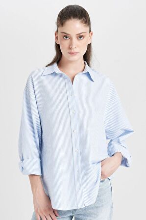 DeFacto Oversize Geniş Kalıp Çizgili Oxford Uzun Kollu Gömlek D4015AX24AUBE306