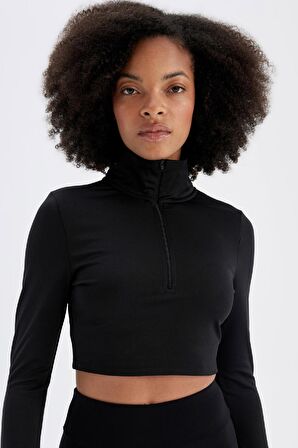 DeFactoFit Slim Fit Dar Kesim Fermuarlı Dik Yaka Sporcu Uzun Kollu Tişört W0343AZ24AUBK81