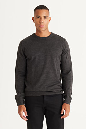 Erkek Antrasit-Melanj Standart Fit Normal Kesim Bisiklet Yaka Desenli Triko Kazak