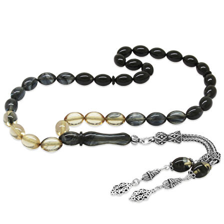 925 Ayar Gümüş Çift Püsküllü Arpa Kesim Süzme Siyah-Beyaz Ateş Kehribar Tesbih