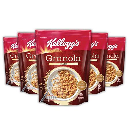 Kellogg's Granola Klasik 340 Gr x 5 Adet, %56 Yulaf içerir, Lif Kaynağı, Kahvaltılık Gevrek