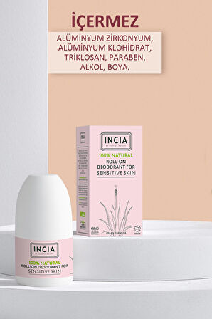 INCIA %100 Doğal Roll On Deodorant Hassas Ciltler İçin Ter Kokusu Önleyici Lekesiz 50 ml