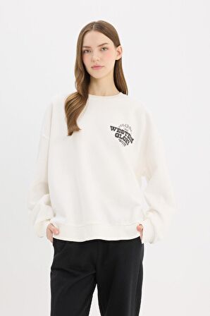 DeFacto Oversize Geniş Kalıp Bisiklet Yaka Sırt Baskılı Kalın Sweatshirt E4934AX25SPWT32