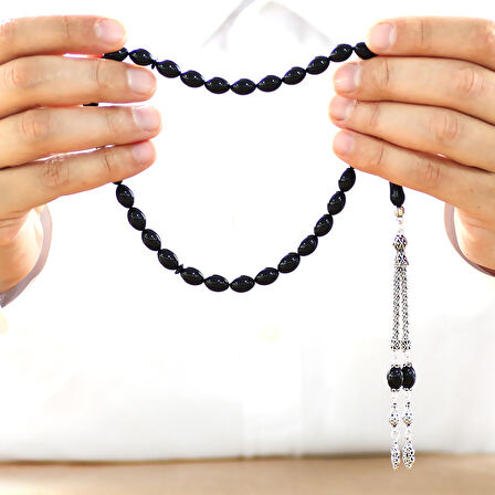 925 Ayar Gümüş Çift Püsküllü Arpa Kesim Siyah Sıkma Kehribar Tesbih