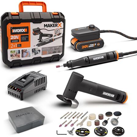 WORX WX990 MAKERX 20Volt 2.0Ah. Kömürsüz Profesyonel Kalem Tipi Devir Ayarlı Gravür + 50MM Açılı Avuç Taşlama Kombo Set + 39 Parça aksesuar