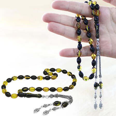 925 Ayar Gümüş Çift Püsküllü Arpa Kesim Sarı-Siyah Ateş Kehribar Tesbih