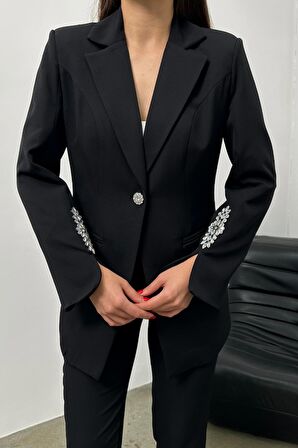 Siyah Taş Detaylı Ceket Pantolon Takım