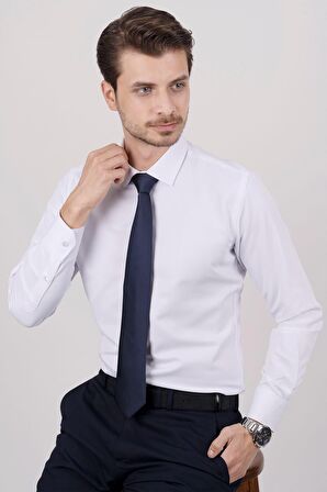 Gömlek Kravat Seti ( sunda Lacivert Düz Kravat & Beyaz Saten Slimfit Gömlek)