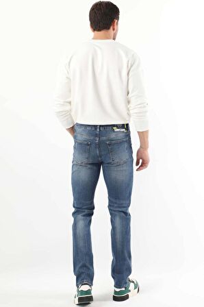 Erkek Dizi Yırtık Boyalı Jean Pantolon Mavi