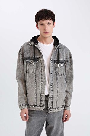 DeFacto Oversize Geniş Kalıp Kapüşonlu Düğmeli Mevsimlik Baharlık Jean Ceket D0416AX24AUNM55