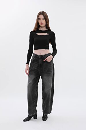 Kadın İspanyol Paça Yüksek Bel Jean Pantolon Antrasit