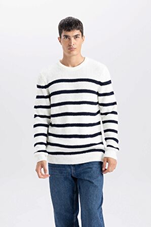 DeFacto Standart Fit Normal Kesim Bisiklet Yaka Çizgili Triko Kazak B0546AX24WNER100