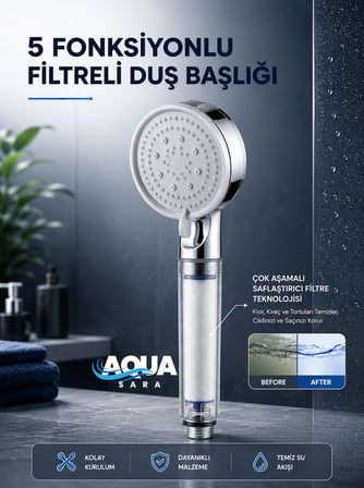 5 Fonksiyonlu Filtreli Duş Başlığı Su Arıtmalı, Klor ve Kireç Önleyici, Yüksek Basınçlı Krom