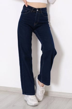 Power Likralı Kadın Lacivert Yüksek Bel Salaş Paça Denim Kot Pantolon (Tam kalıptır)
