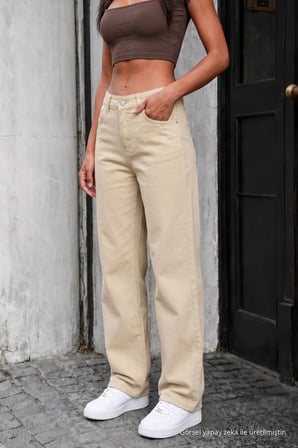 Marina Kadın Jeans Yüksek Bel Bol Paça Rahat Salaş Jean Denim Kot Pantolon