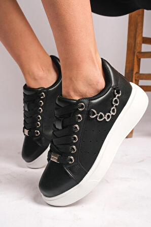 Siyah Platform Tabanlı Zincir Detaylı Şık Kadın Sneaker Ayakkabı ortopedik taban Siyah / 37