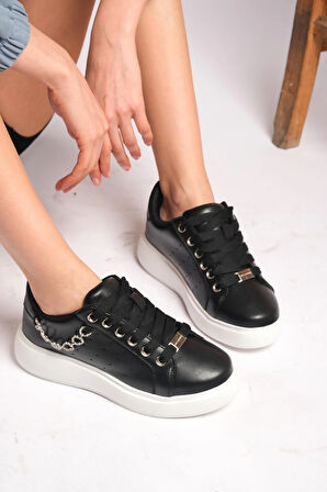 Siyah Platform Tabanlı Zincir Detaylı Şık Kadın Sneaker Ayakkabı ortopedik taban Siyah / 37