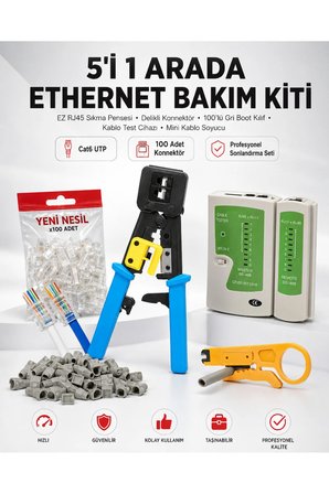 5i 1 Arada Ethernet Bakım Kiti EZ RJ45 Sıkma Pensesi Delikli Konnektör 100lü Paket Gri Boot Kılıf Kablo Test Cihazı Mini Kablo Soyucu Aparat Cat6 UTP İnternet Altyapı Sonlandırma Çakma Pense Takımı