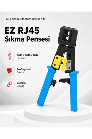 5i 1 Arada Ethernet Bakım Kiti EZ RJ45 Sıkma Pensesi Delikli Konnektör 100lü Paket Gri Boot Kılıf Kablo Test Cihazı Mini Kablo Soyucu Aparat Cat6 UTP İnternet Altyapı Sonlandırma Çakma Pense Takımı