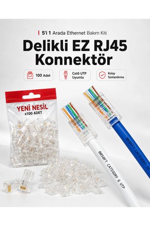 5i 1 Arada Ethernet Bakım Kiti EZ RJ45 Sıkma Pensesi Delikli Konnektör 100lü Paket Gri Boot Kılıf Kablo Test Cihazı Mini Kablo Soyucu Aparat Cat6 UTP İnternet Altyapı Sonlandırma Çakma Pense Takımı